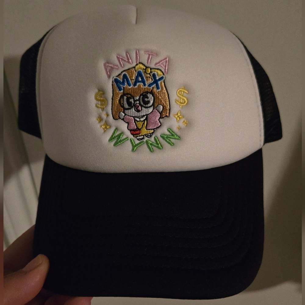 White and Black Trucker Hat with Cartoon Design